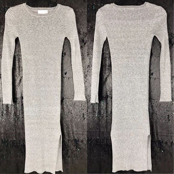 J.O.A  Grey Midi Bodycon Ribbed Dress with Slits - Picture 2 of 5